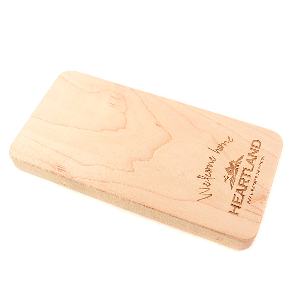 wooden small cutting board with logo real estate client gift Smiling Tree Gifts