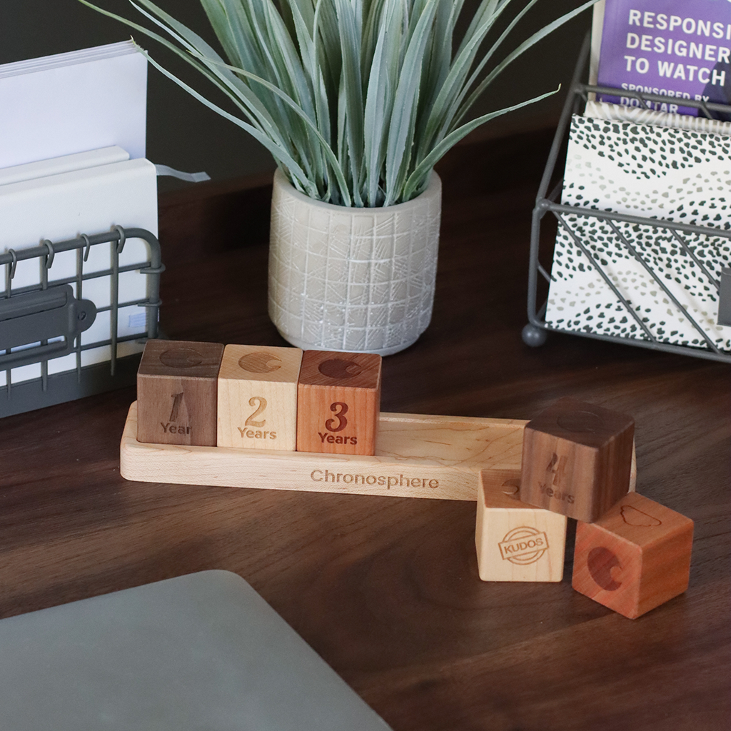 Anniversary Desktop Wood Blocks with Tray employee recognition ideas