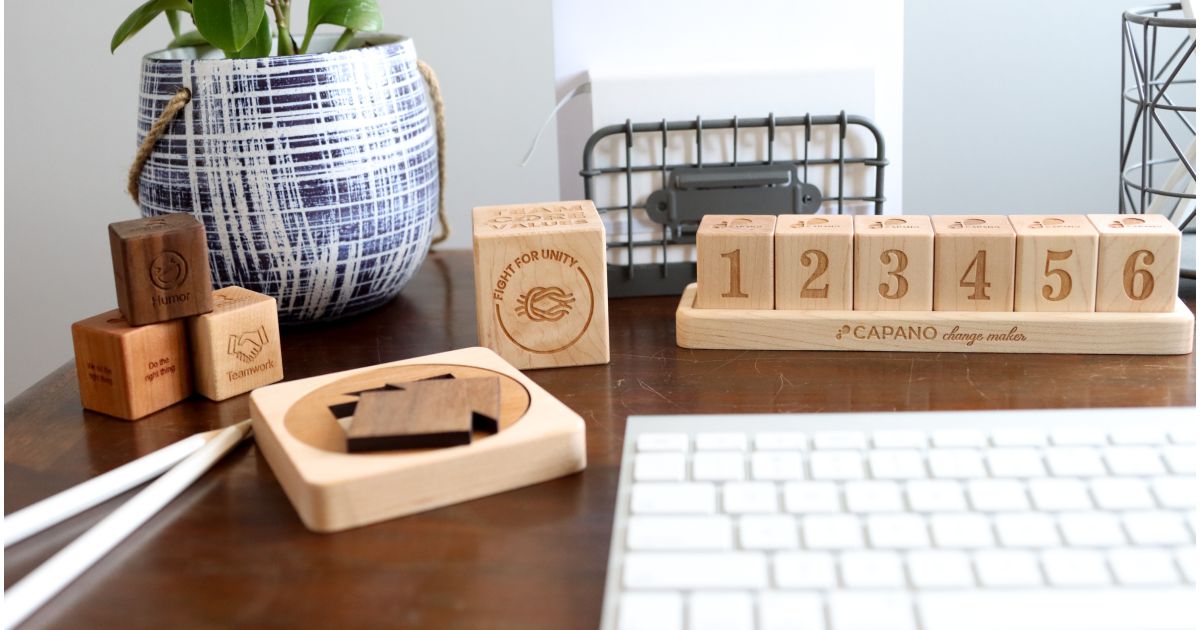 Leadership recognition blocks with engraved values and milestones, handcrafted in the USA by Smiling Tree Gifts.