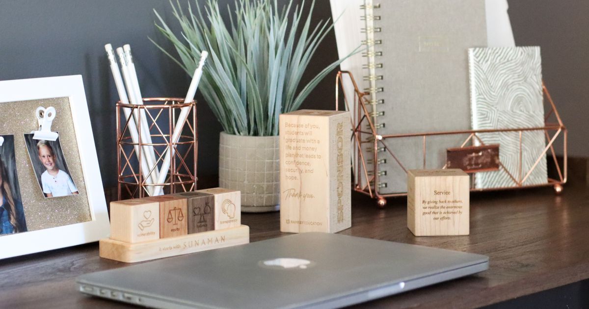 Eco-friendly promotional blocks for values-based branding, employee gifts, and donor appreciation — part of Smiling Tree Gifts’ USA-made distributor program.