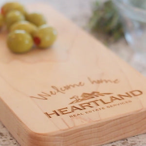 wooden small cutting board with logo real estate client gift Smiling Tree Gifts